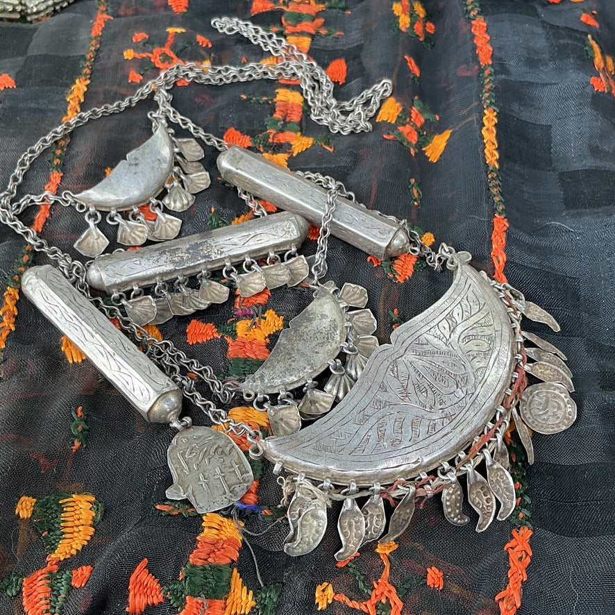 Central Asian Silver Necklace Adorned with Glass, Prayer Amulets and Dangles - Rita Okrent Collection (NE529)
