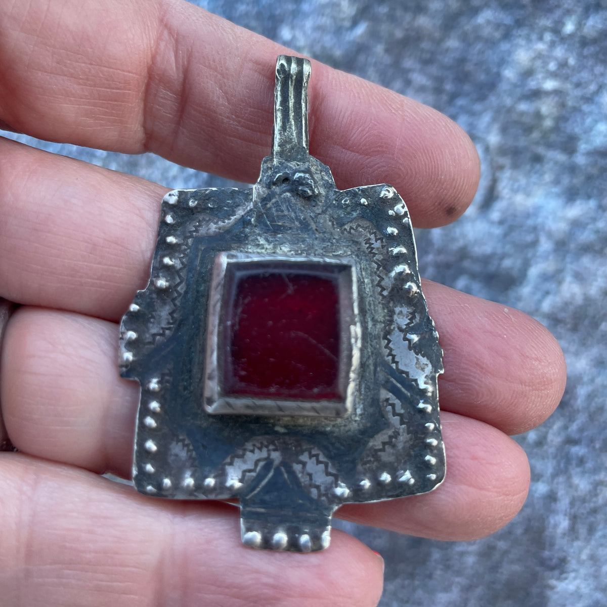 Niello and Silver Pendant with Glass Center, Ida ou Nadif people, Morocco - Rita Okrent Collection (P765)