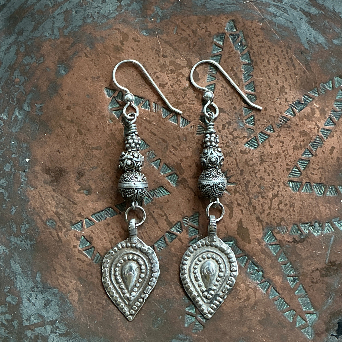 Favorite Granulated Silver Mauritanian Bead Earrings with Teardrop Dangles - Rita Okrent Collection (E149)