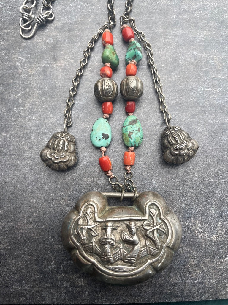 Chinese Silver Chain Necklace with Padlock, Coral and Turquoise - Rita Okrent Collection (NE633)