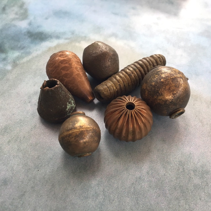 Group of 7 Vintage Brass and Copper Mixed Shape Beads, African Trade - Rita Okrent Collection (AT0673)