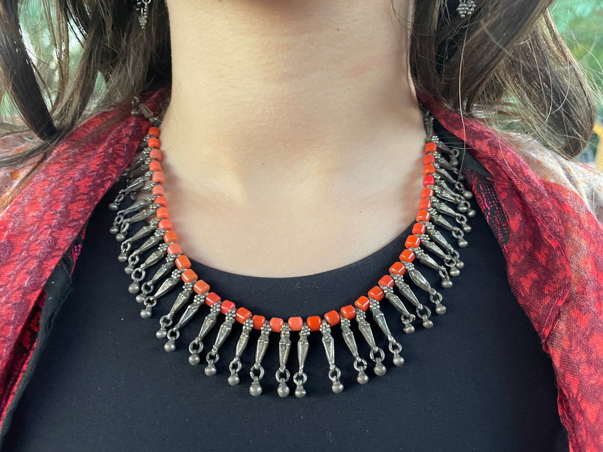 Ethnic Silver Dangle Necklace Adorned with Orange Glass - Rita Okrent Collection (NE541)