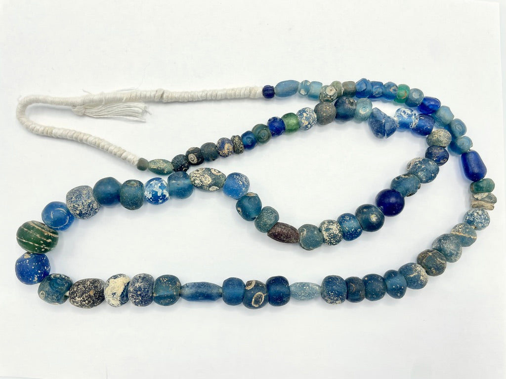 A Strand of Ancient Early Islamic Glass Beads, in Blue and Green, Some with Eyes  - Rita Okrent Collection (AG111p)