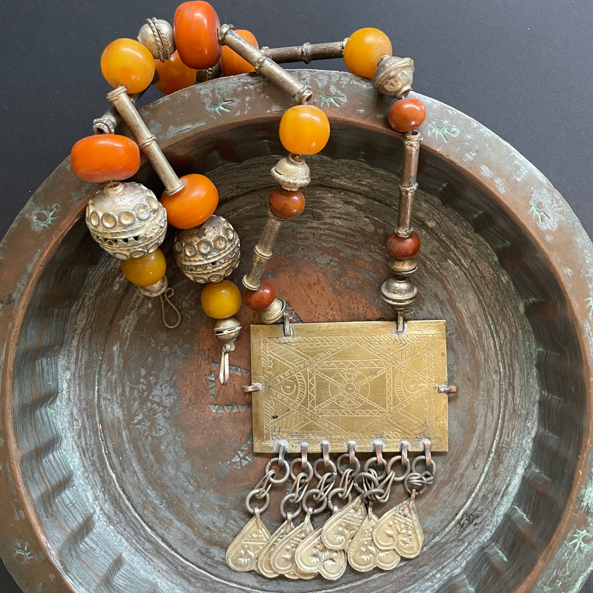 Old Bedouin Necklace with Metal Beads and Faux Amber - Rita Okrent Collection (NE 435)