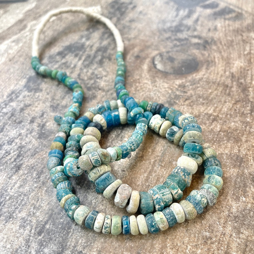 Ancient Glass Excavated Worn Blue Teal White Mixed Medium Sized Nila Beads, Strands  - Rita Okrent Collection (AT0645s)