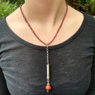 Antique Coral and Silver Pendant with Red Glass African Trade Beads - Rita Okrent Collection (NE602)