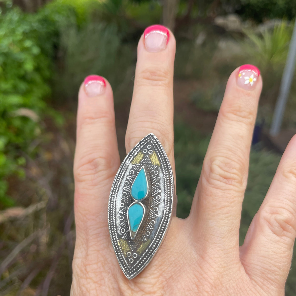 Central Asian Silver Ring with Gold Wash and Turquoise Glass Setting - Rita Okrent Collection (BR004)