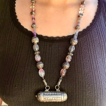 Antique Amethyst Bead Necklace with Antique Silver Pendant and Sri Lankan Silver Beads - NE051