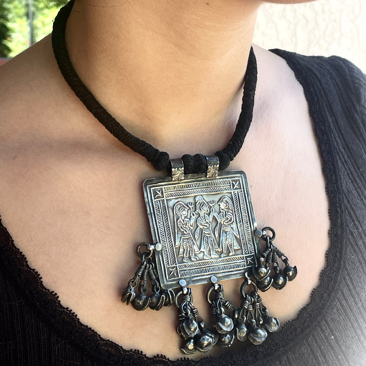 Ethnic Silver Choker / Short Necklace with Large Indian Amulet on Black Cord with Closure - Rita Okrent Collection (NE800)