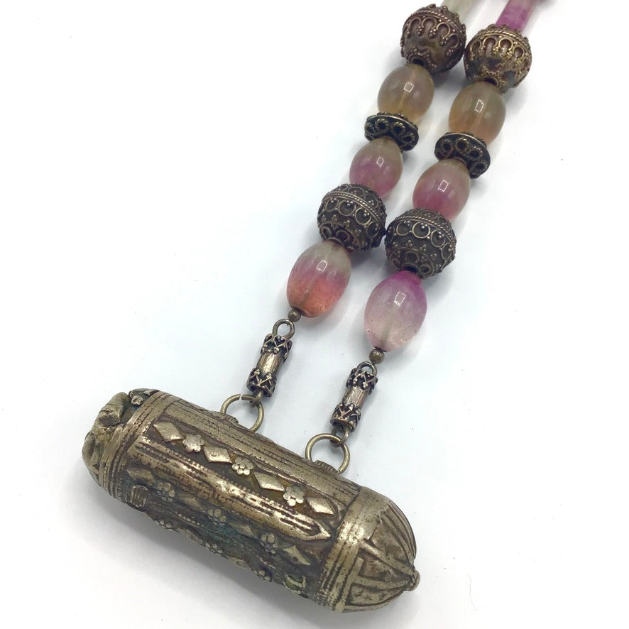 Antique Amethyst Bead Necklace with Antique Silver Pendant and Sri Lankan Silver Beads - NE051