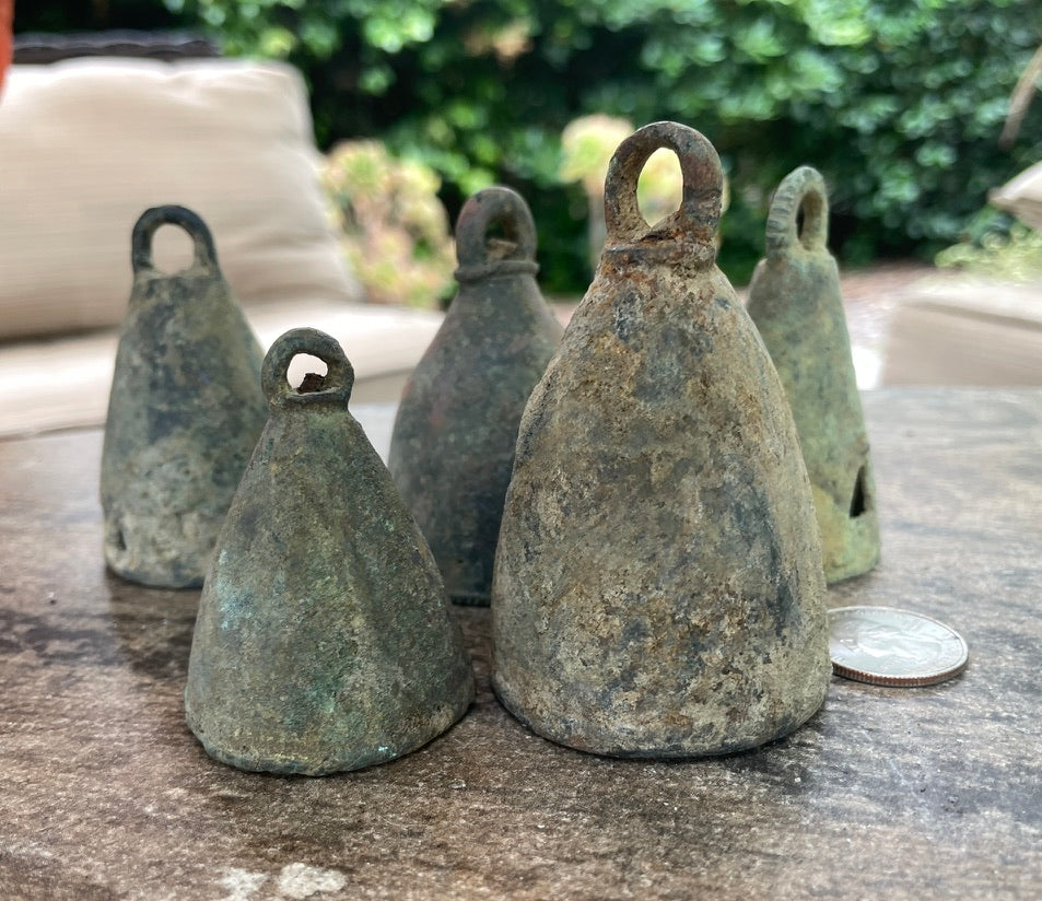 Group of 5 Antique Vert-de-Gris Bronze Bells, Mali - Rita Okrent Collection (AA609)