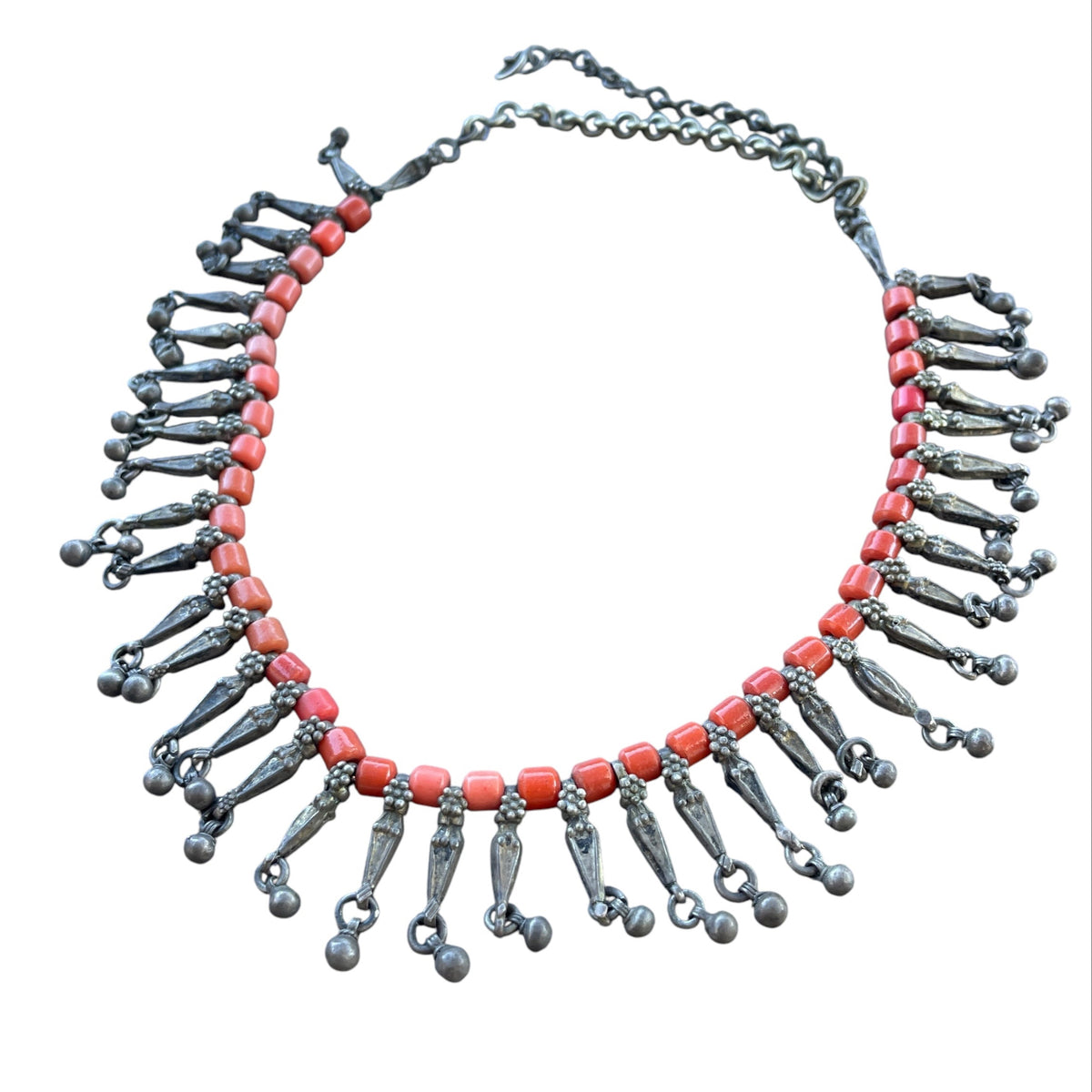 Ethnic Silver Dangle Necklace Adorned with Orange Glass - Rita Okrent Collection (NE541)