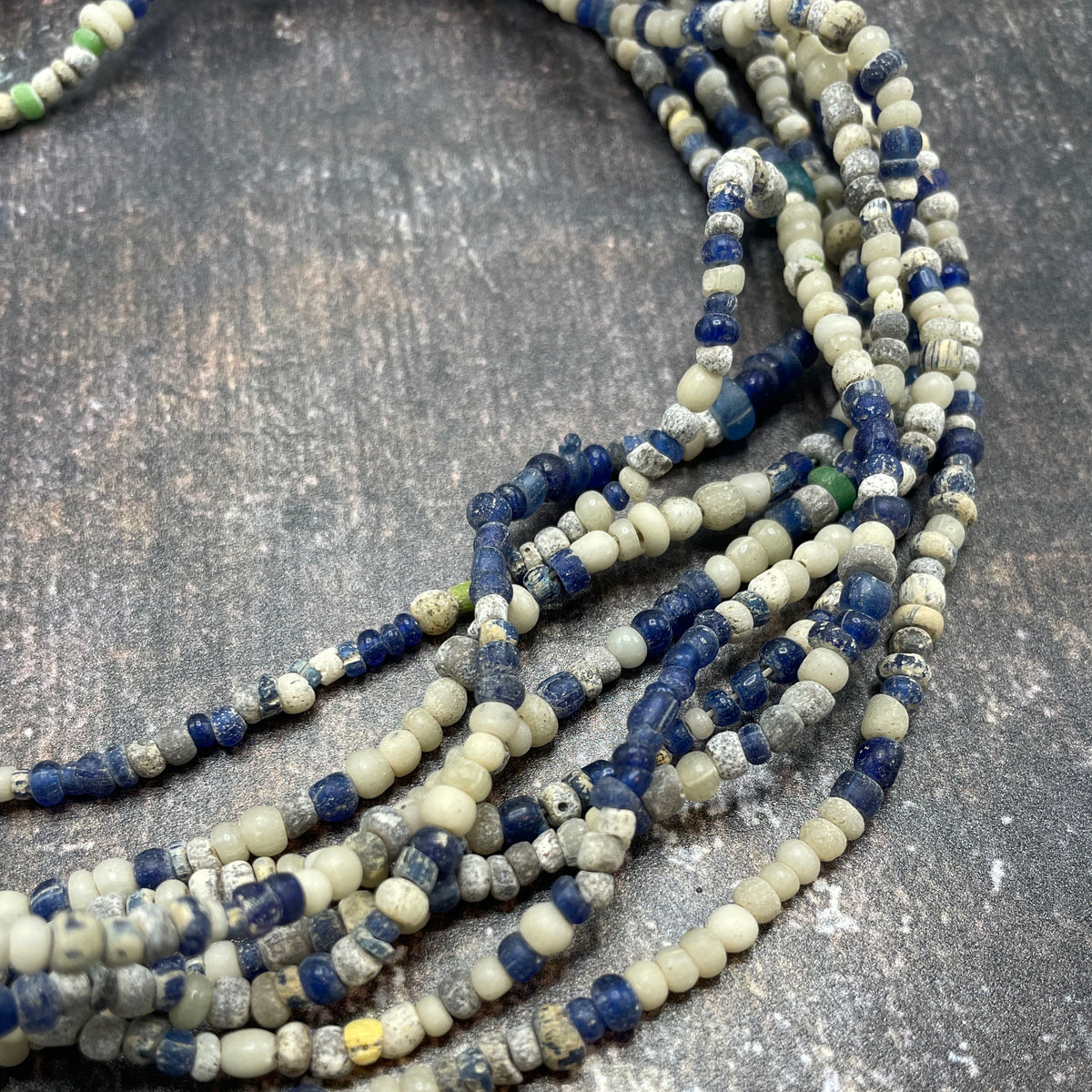 Very Long Strand of Mainly Blue and Off-White Ancient Glass Nila Beads from Mali - Rita Okrent Collection (AT1850w)