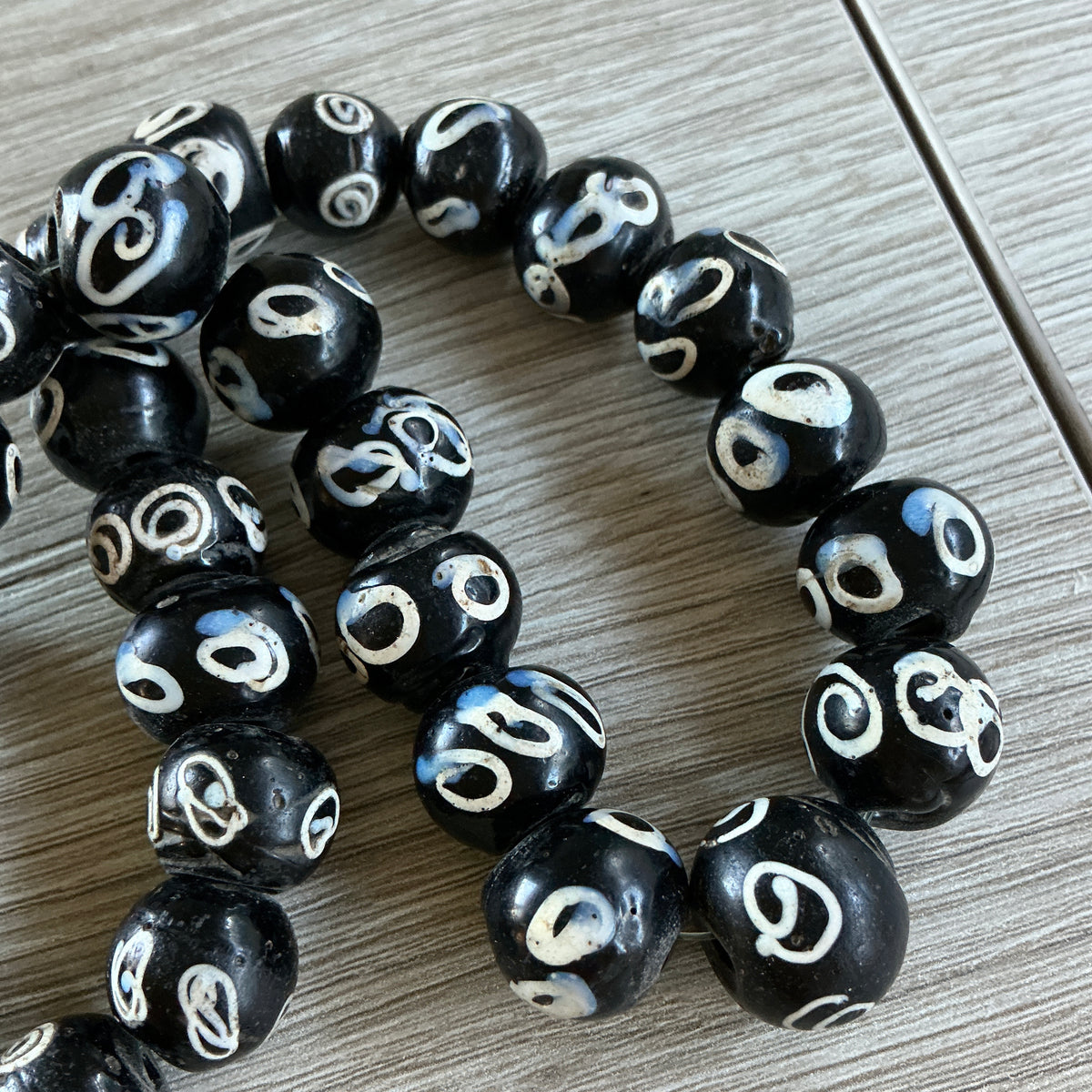 Black and White Decorated Antique Glass Zen Venetian Trade Beads- Rita Okrent Collection (AT1904)