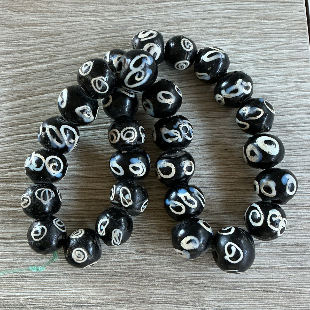 Black and White Decorated Antique Glass Zen Venetian Trade Beads- Rita Okrent Collection (AT1904)