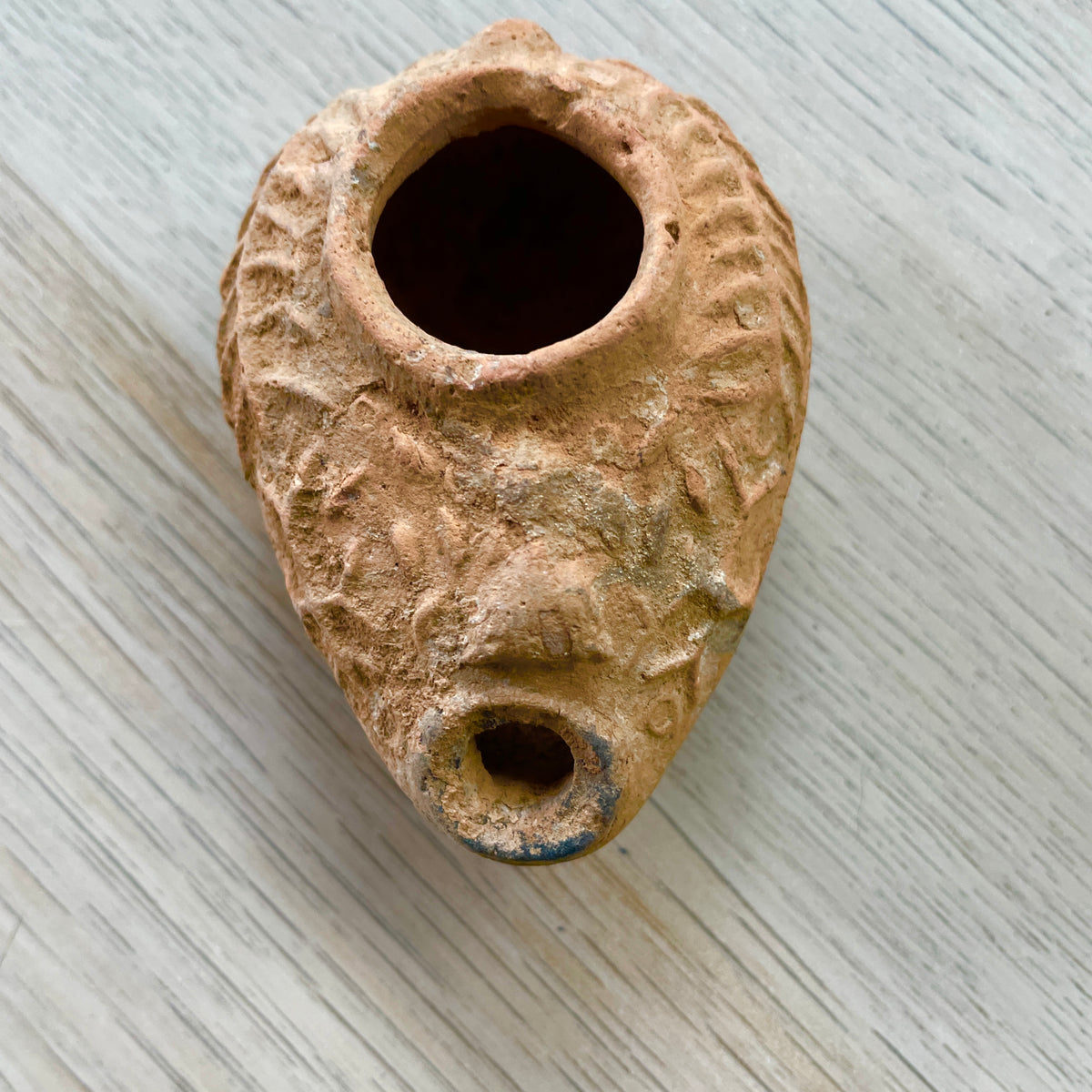 Ancient Oval Molded Oil Lamp with Raised Fern Pattern, Egypt - Rita Okrent Collection (AN203)