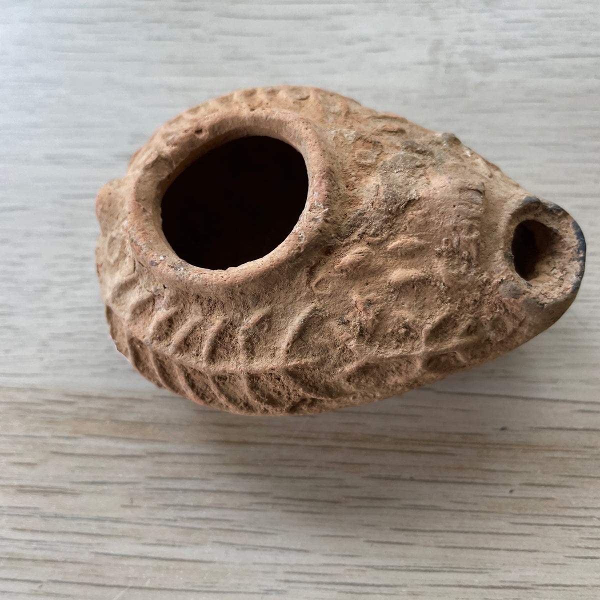 Ancient Oval Molded Oil Lamp with Raised Fern Pattern, Egypt - Rita Okrent Collection (AN203)