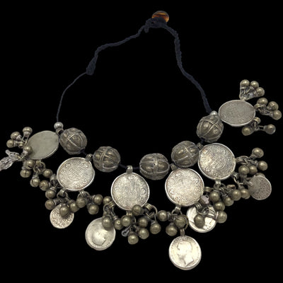 Yemeni Necklace with Large Silver Yemeni Beads and Indian Coin Dangles - Rita Okrent Collection (C545)
