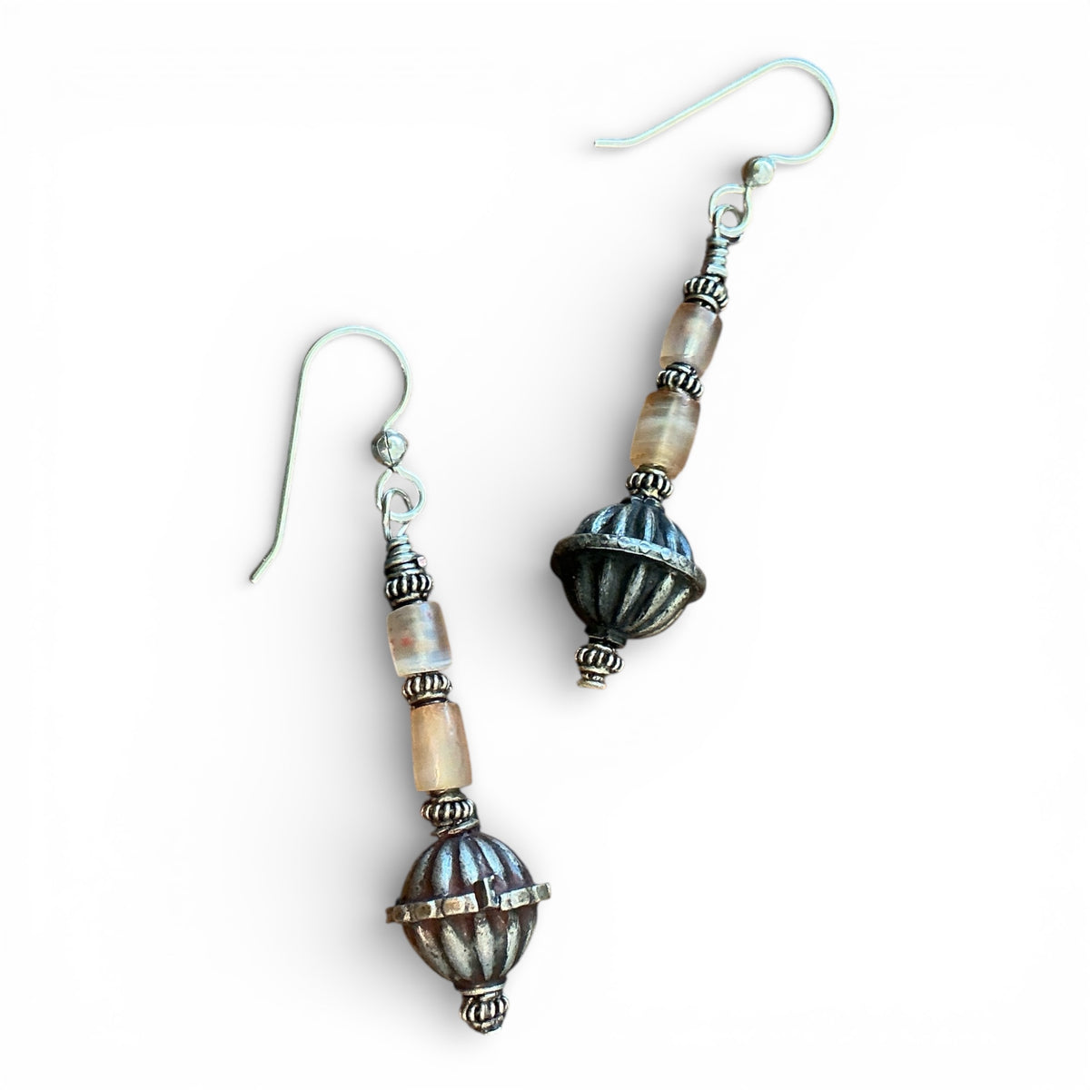 Stone and Silver Beaded Earrings with Sterling Silver- Rita Okrent Collection (E531)