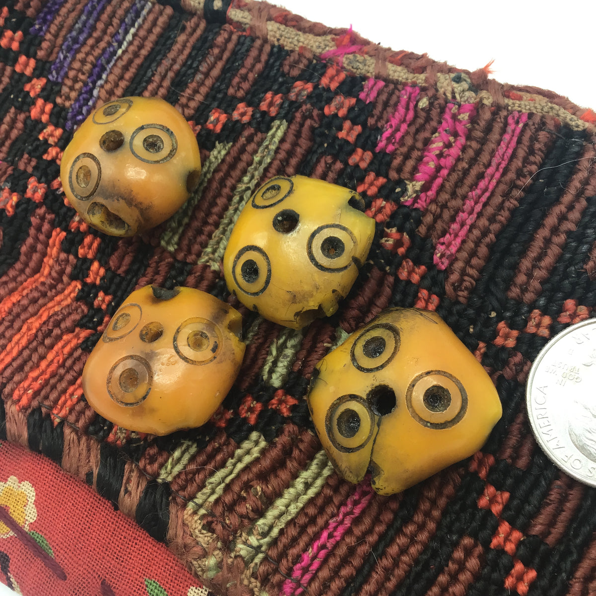 Sets of 4 Carved Diamond-Shaped Faux Amber Beads, with Dot Circle Motif, Morocco - Rita Okrent Collection (ANT387b)