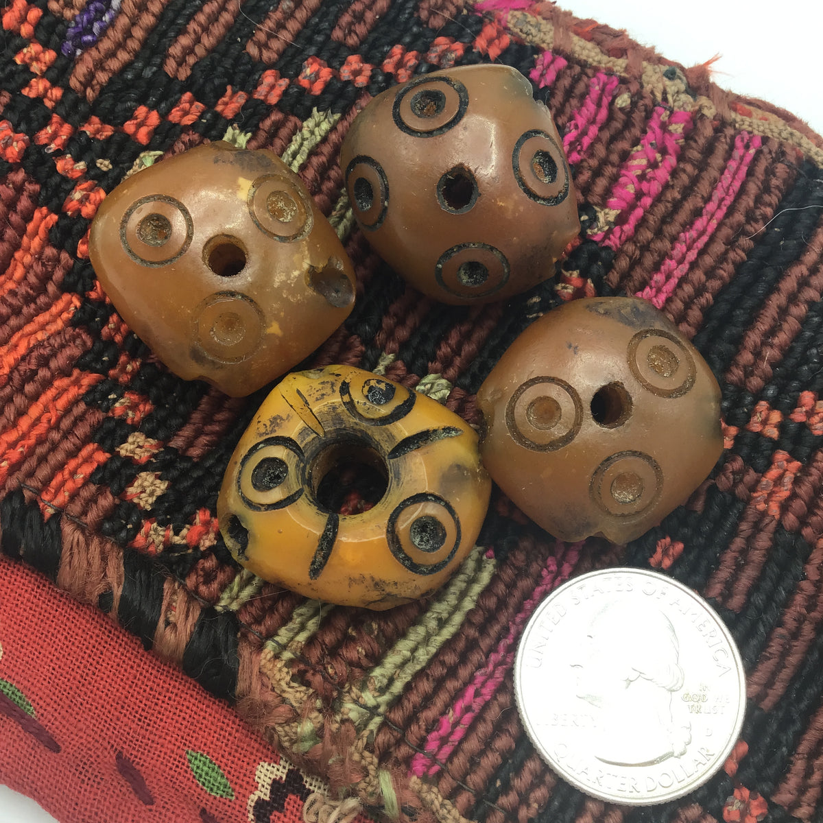 Sets of 4 Carved Diamond-Shaped Faux Amber Beads, with Dot Circle Motif, Morocco - Rita Okrent Collection (ANT387b)