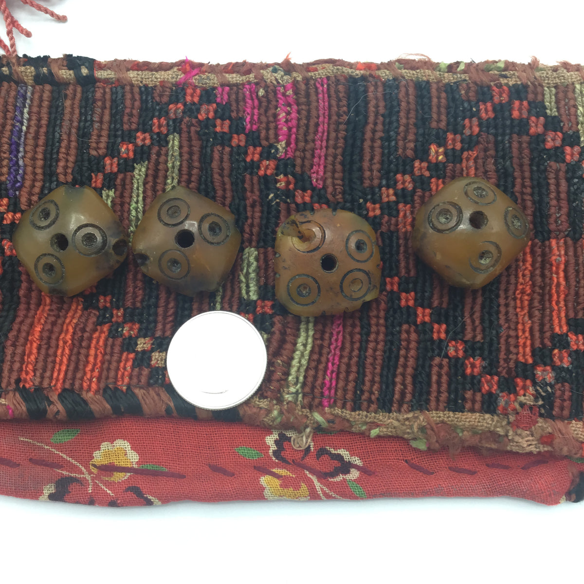 Sets of 4 Carved Diamond-Shaped Faux Amber Beads, with Dot Circle Motif, Morocco - Rita Okrent Collection (ANT387b)