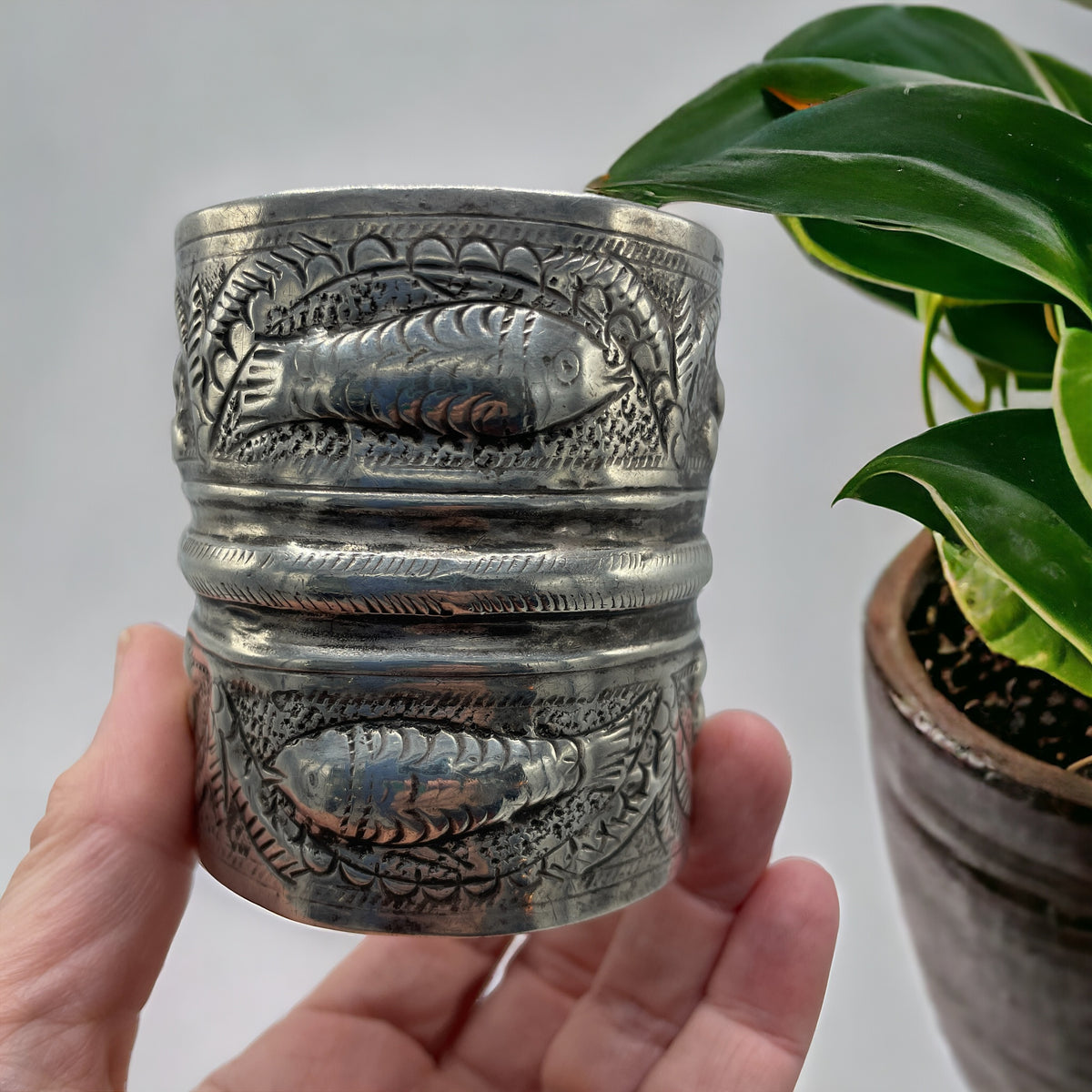 Siwa Oasis Silver Cuff Bracelet with Fish and Flowers, Egypt - Rita Okrent Collection (BR167)