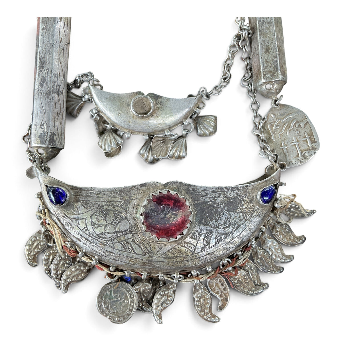 Central Asian Silver Necklace Adorned with Glass, Prayer Amulets and Dangles - Rita Okrent Collection (NE529)