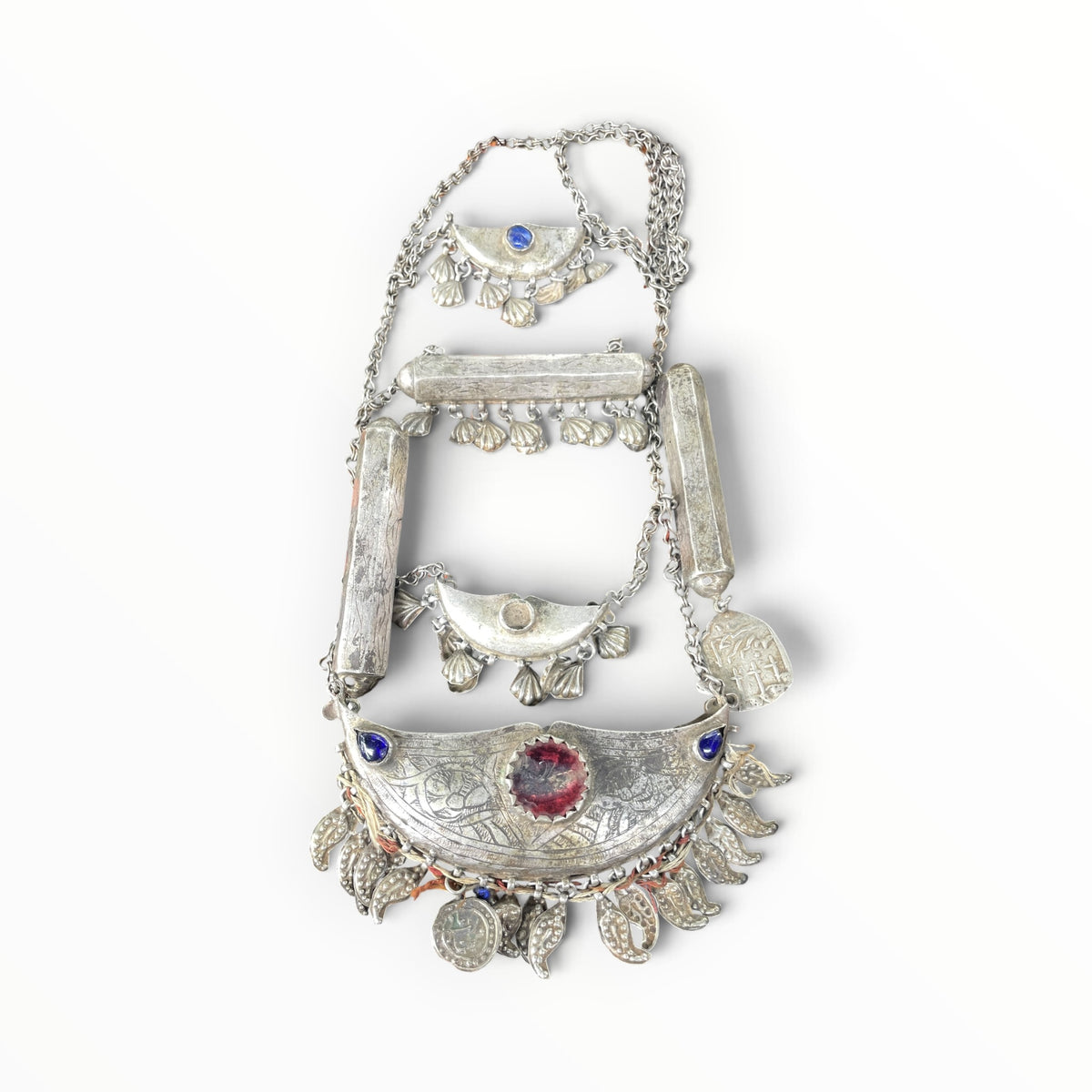 Central Asian Silver Necklace Adorned with Glass, Prayer Amulets and Dangles - Rita Okrent Collection (NE529)