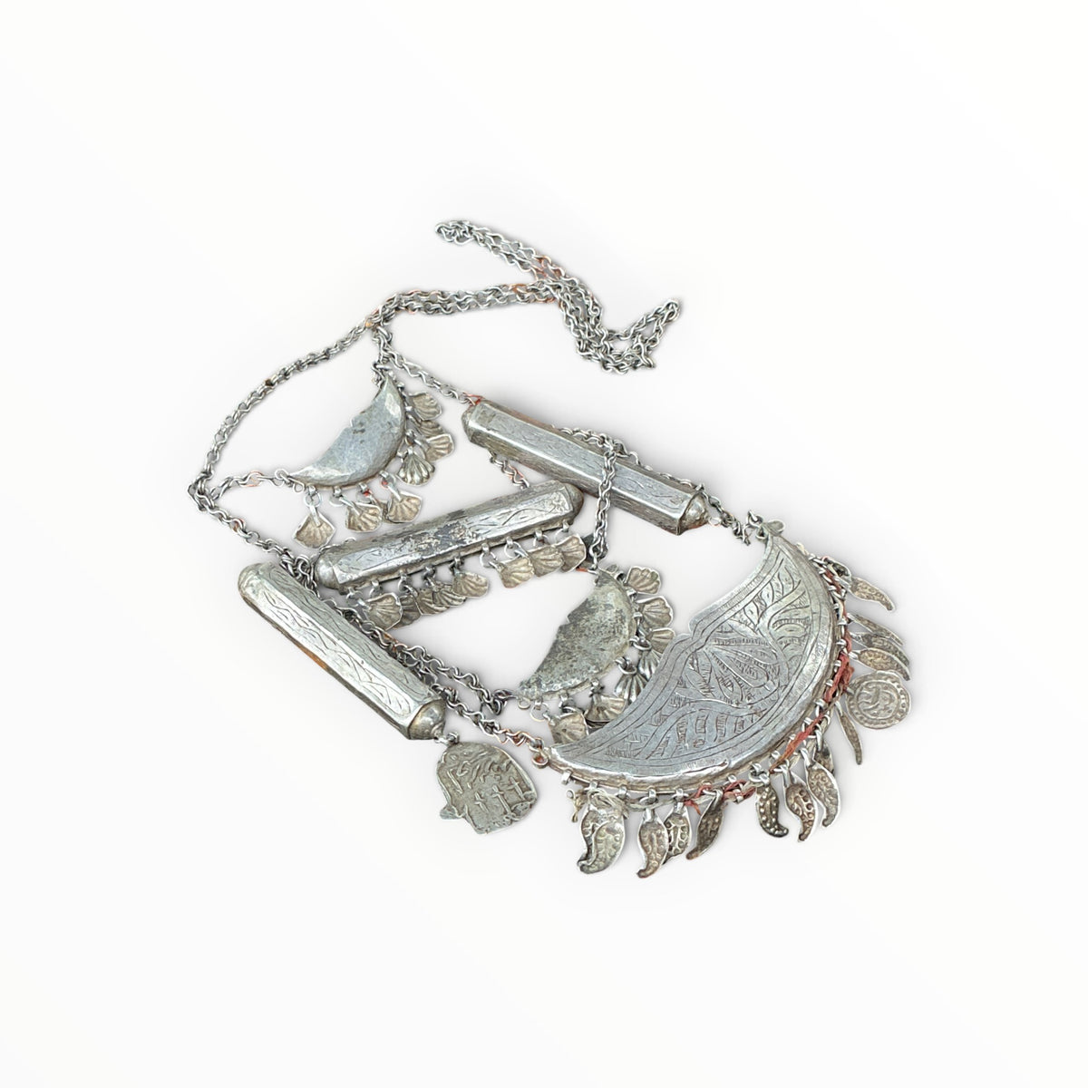 Central Asian Silver Necklace Adorned with Glass, Prayer Amulets and Dangles - Rita Okrent Collection (NE529)