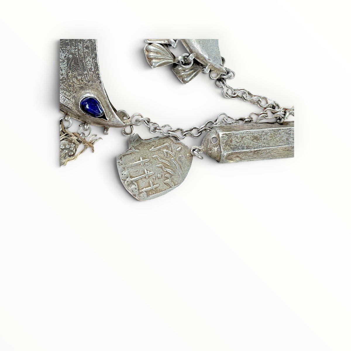 Central Asian Silver Necklace Adorned with Glass, Prayer Amulets and Dangles - Rita Okrent Collection (NE529)