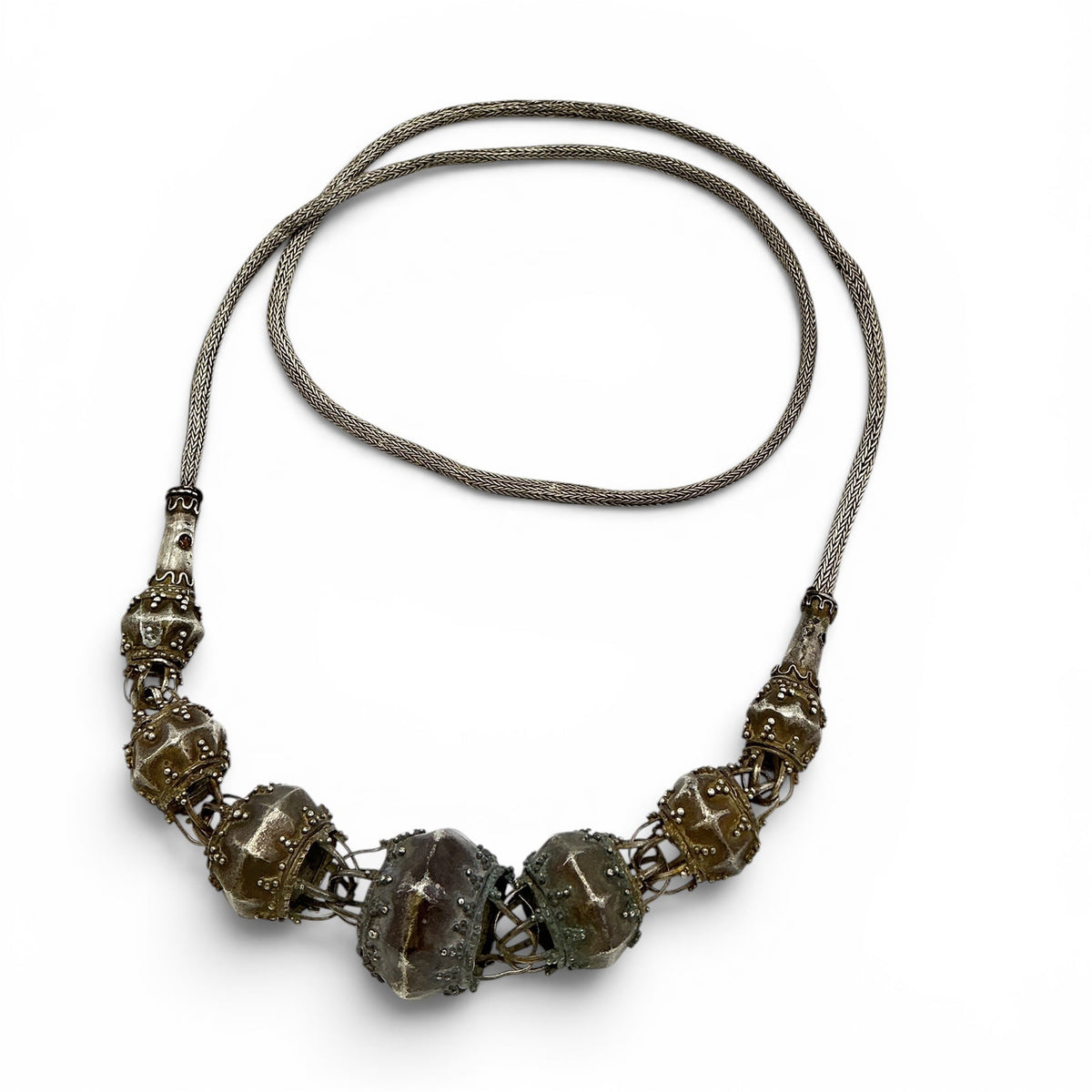 Antique Sri Lankan Silver Necklace with Interlocking Beads - Rita Okrent Collection (NE423)
