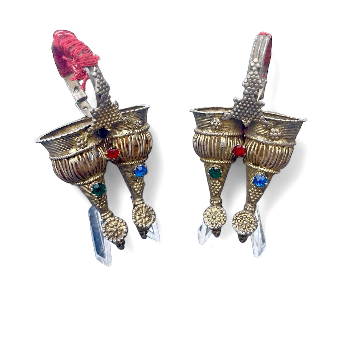 Large Old Gilded Silver Hollow Double Vessel Earrings, India - Rita Okrent Collection (C671)