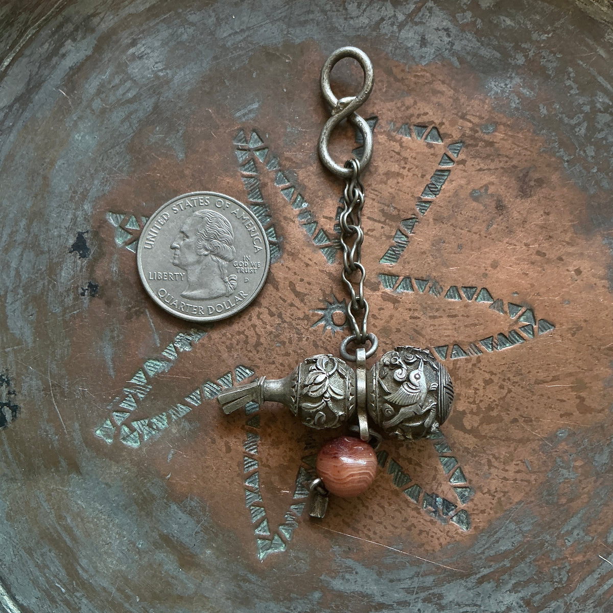 Antique Qing Dynasty Chinese Repousse Silver Hanging Bottle Gourd Amulet - Rita Okrent Collection (P606g)