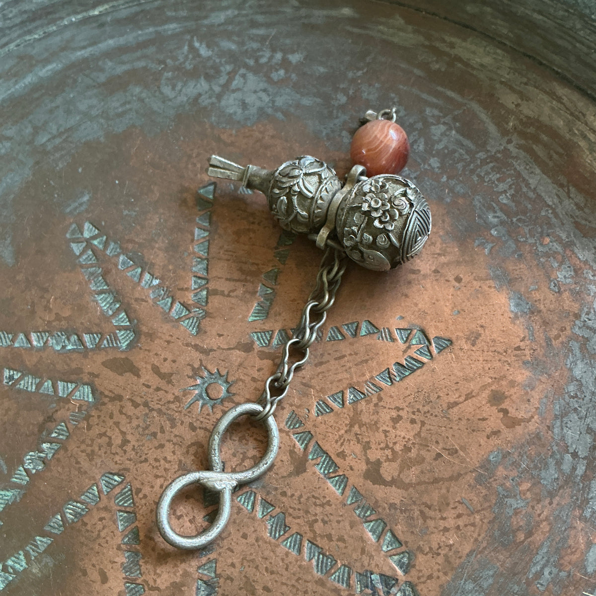 Antique Qing Dynasty Chinese Repousse Silver Hanging Bottle Gourd Amulet - Rita Okrent Collection (P606g)