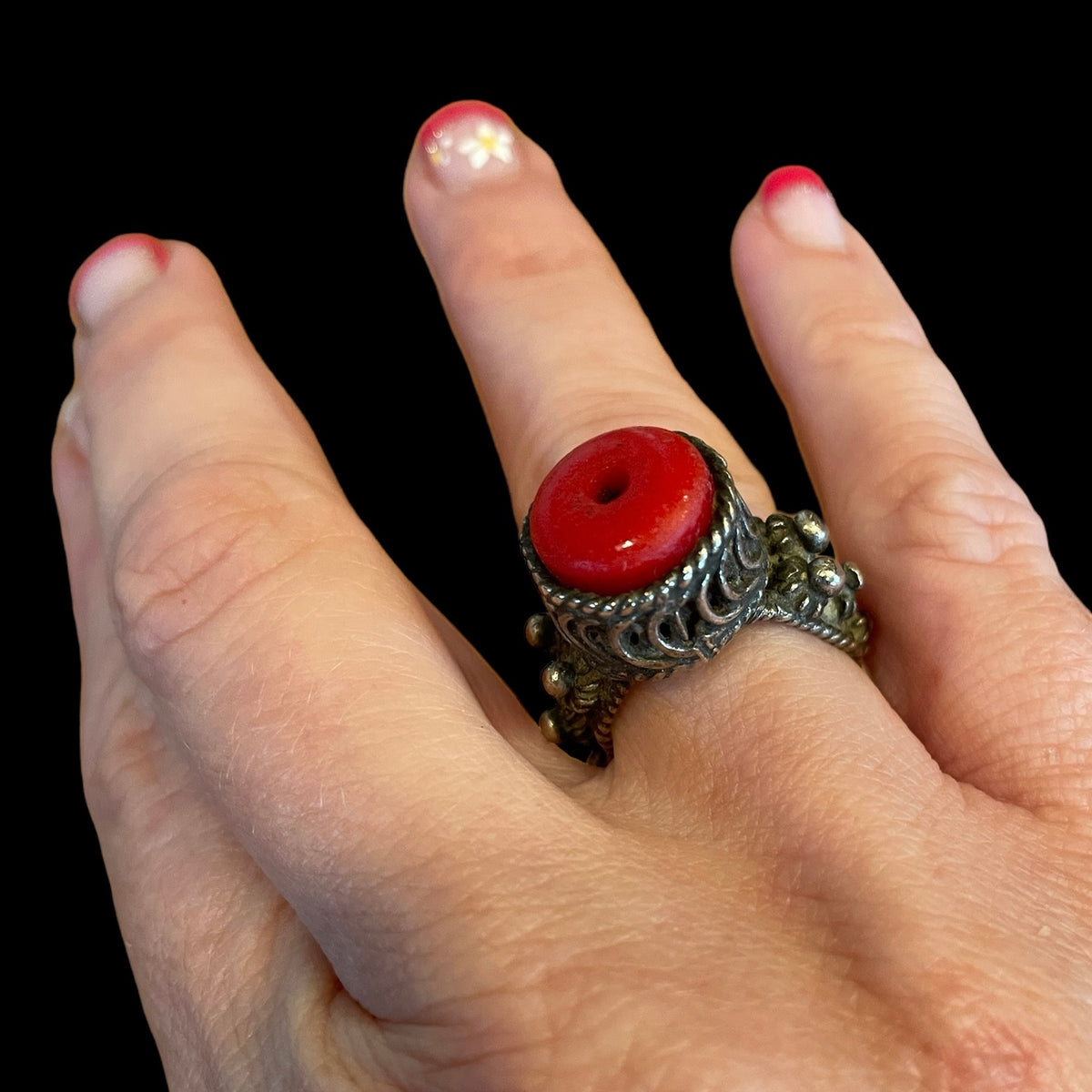 Antique Yemeni Silver Ring Adorned with Granulated Flowers- Rita Okrent Collection (BR034)