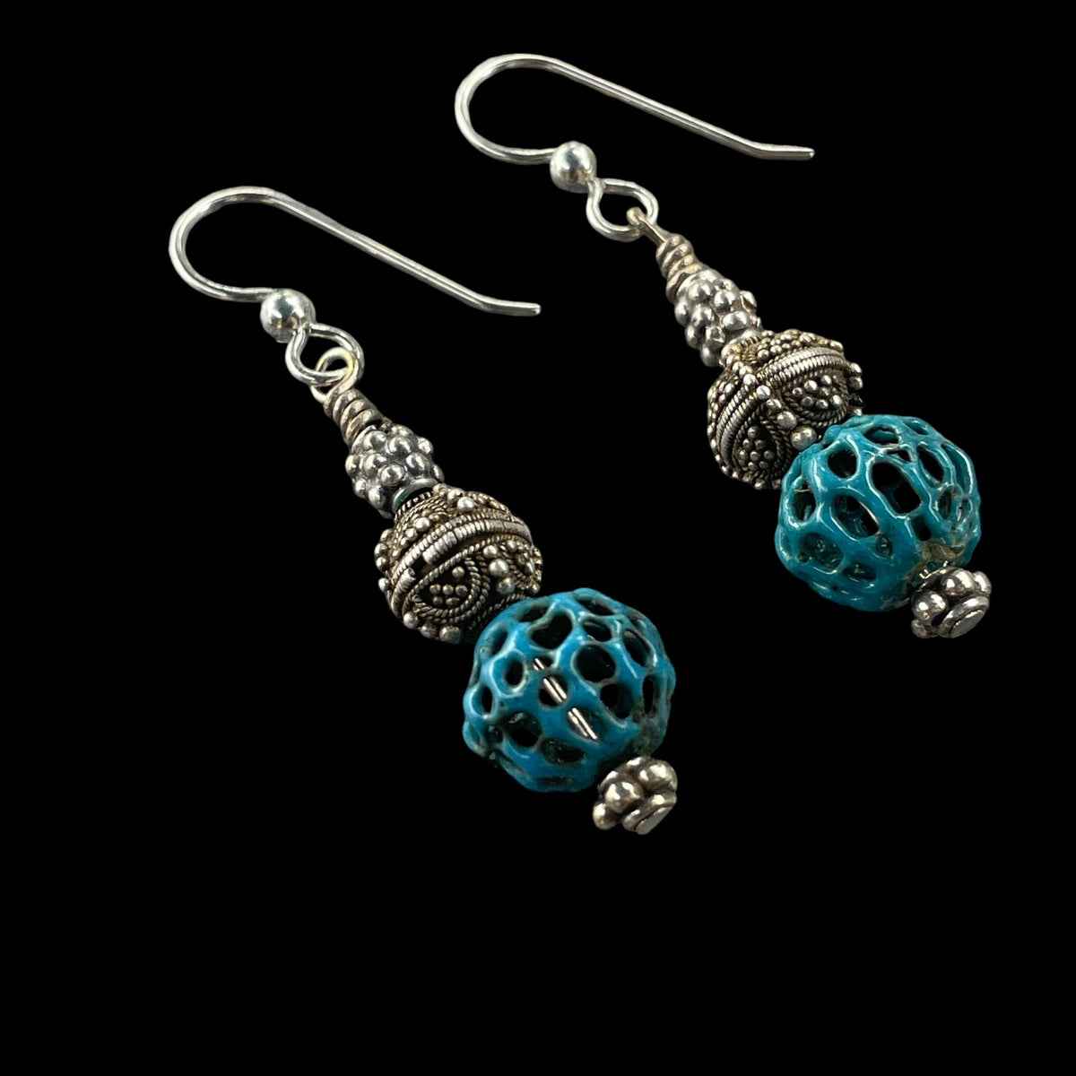 Antique Teal Hued Chinese Enameled Bead Earrings with Granulated Silver Beads from Mauritania - Rita Okrent Collection (E678)