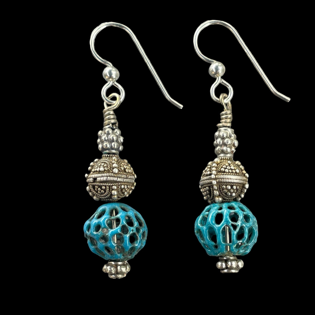 Antique Teal Hued Chinese Enameled Bead Earrings with Granulated Silver Beads from Mauritania - Rita Okrent Collection (E678)