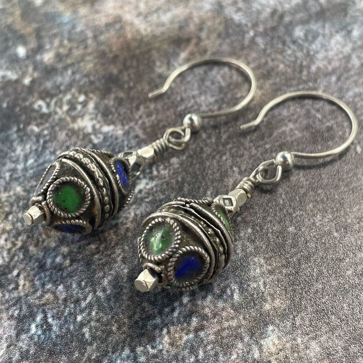 Enameled Silver Bead Earrings in Blue and Green - Rita Okrent Collection (E680)