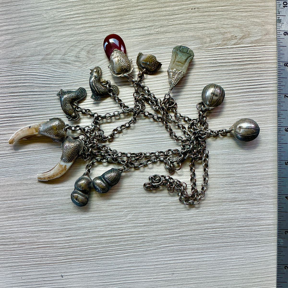 Antique Silver Chinese Chain with 11 Hanging Pendants - Rita Okrent Collection (C019b)