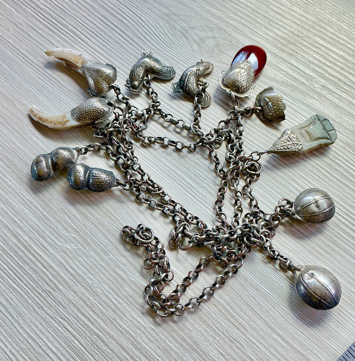 Antique Silver Chinese Chain with 11 Hanging Pendants - Rita Okrent Collection (C019b)