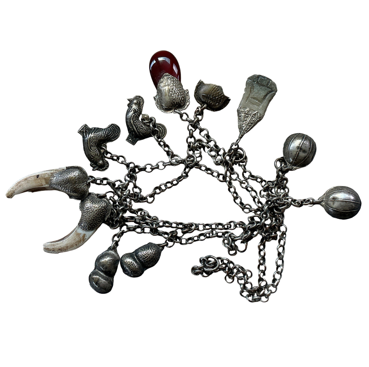 Antique Silver Chinese Chain with 11 Hanging Pendants - Rita Okrent Collection (C019b)