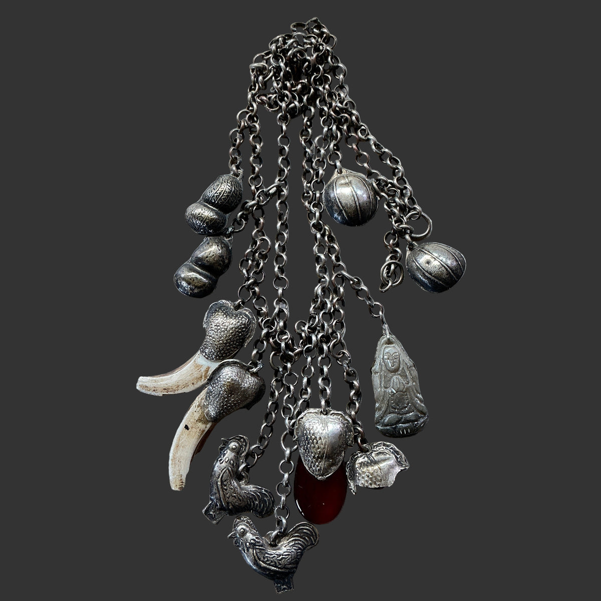 Antique Silver Chinese Chain with 11 Hanging Pendants - Rita Okrent Collection (C019b)