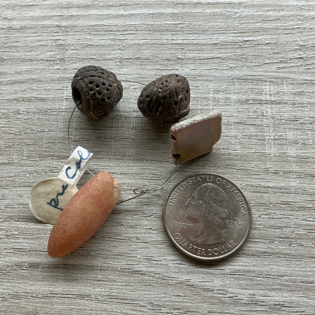 Ancient Pre-Columbian Tairona Bullet Bead, Ceramic Spindle Whorls and MOP Pendant - Rita Okrent Collection (C330c)