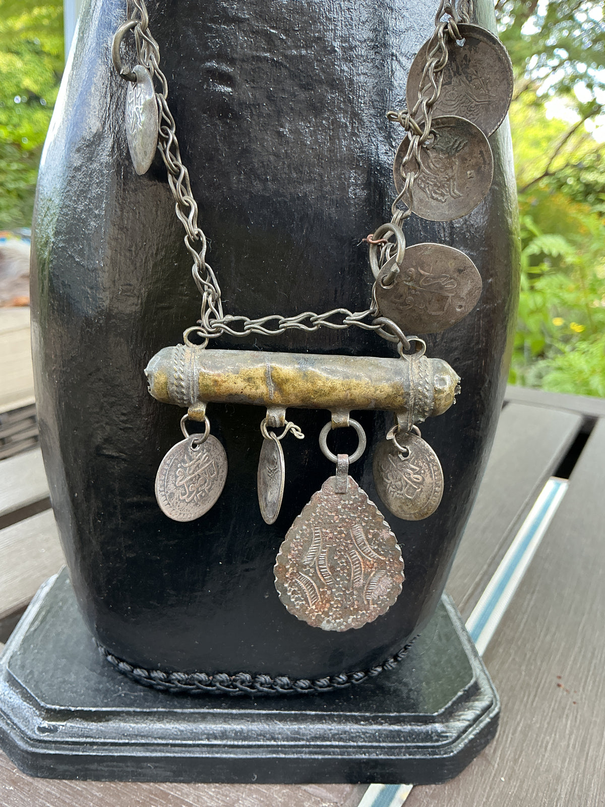 Ottoman Silver Coin Necklace with Hirz and Teardrop Amulets.- Rita Okrent Collection (NE488)