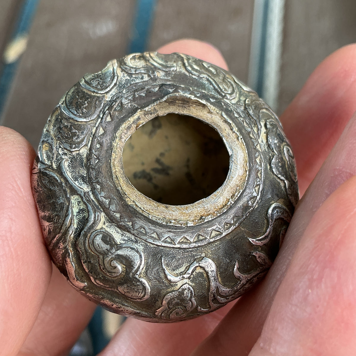 Antique Chinese Silver Opium Pipe Bowl with Dragon Repoussé - Rita Okrent Collection (C682)