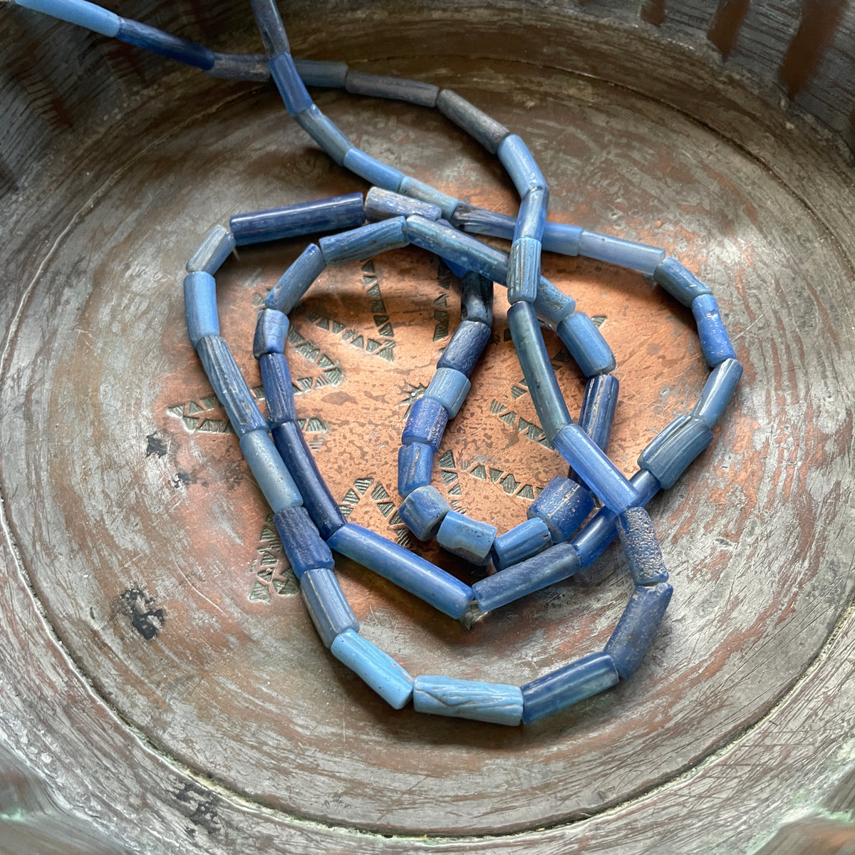 Long Strand of Old Blue Glass Koli Beads from Nigeria - Rita Okrent Collection (AT1810)