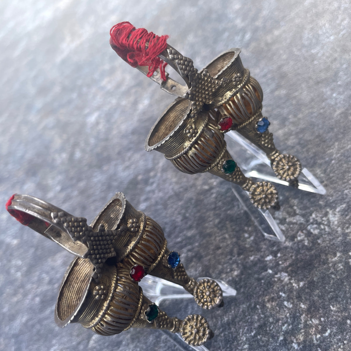 Large Old Gilded Silver Hollow Double Vessel Earrings, India - Rita Okrent Collection (C671)