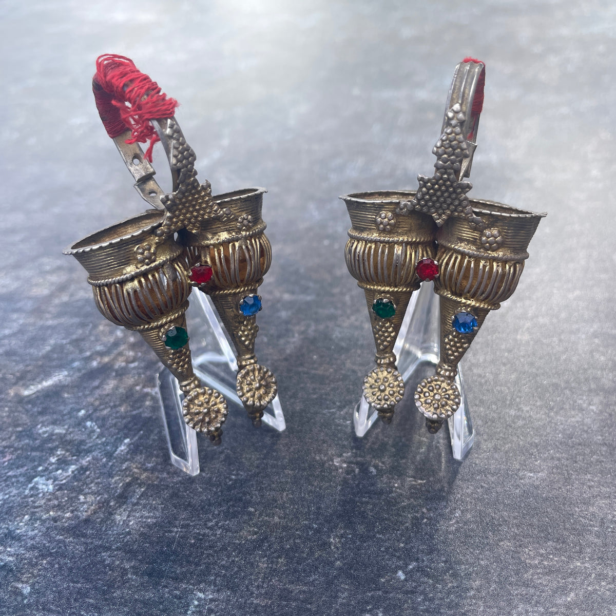 Large Old Gilded Silver Hollow Double Vessel Earrings, India - Rita Okrent Collection (C671)