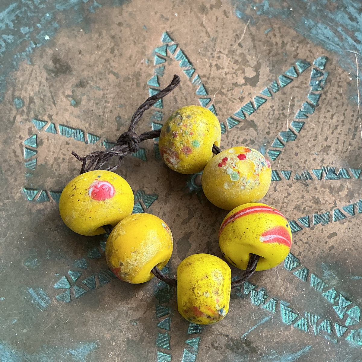 Short Strand of Yellow Flowered Antique Bohemian Glass Beads from the African Trade - Rita Okrent Collection (AT1966)